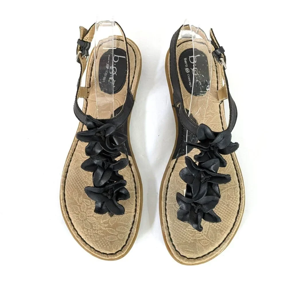 B.O.C. Born Concepts 8M Black Leather Slingback Flat Thong Sandals Flower Flats - Picture 4 of 15